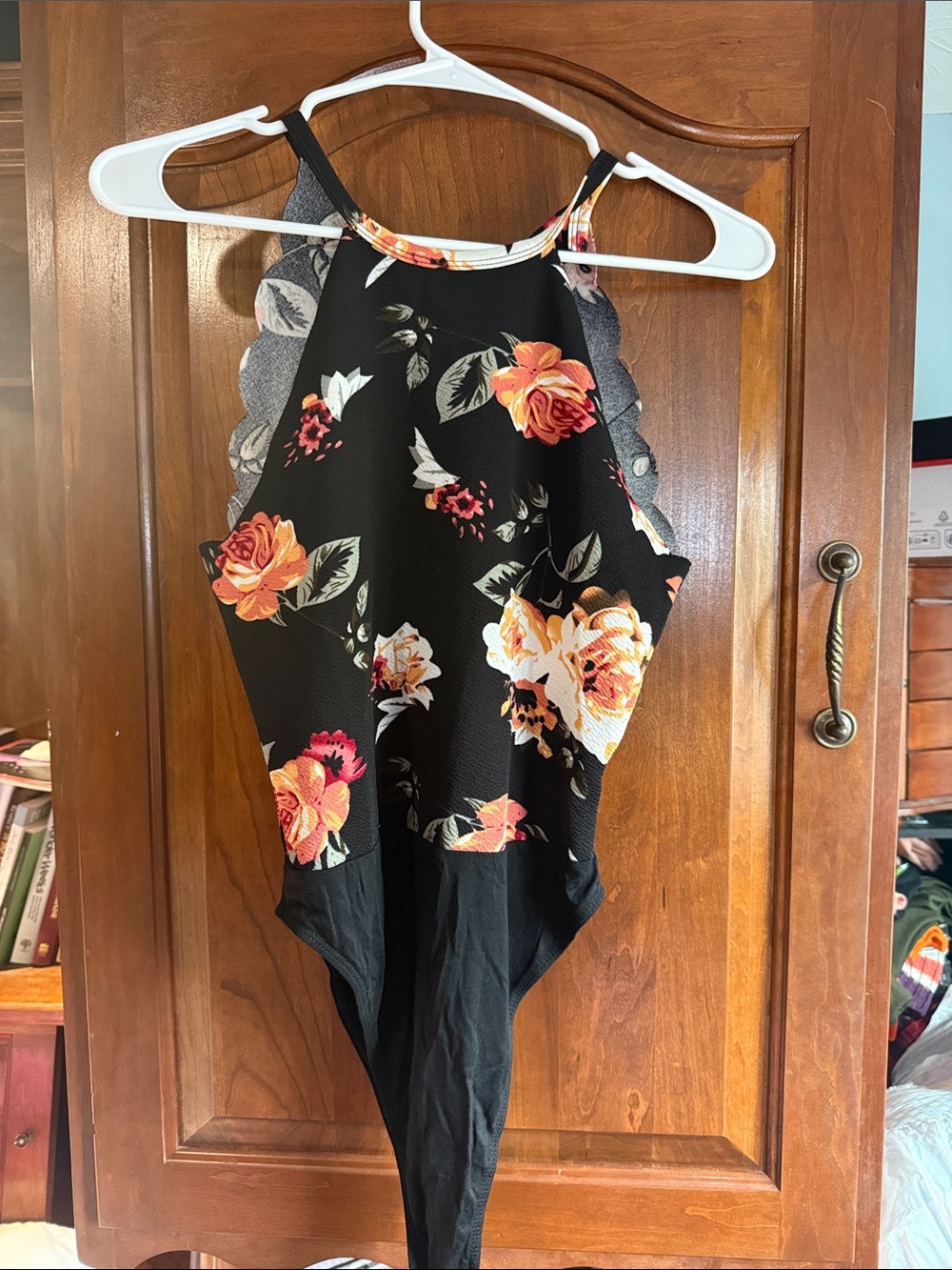 SHEIN Black Floral Halter Bodysuit with Orange and Cream Roses